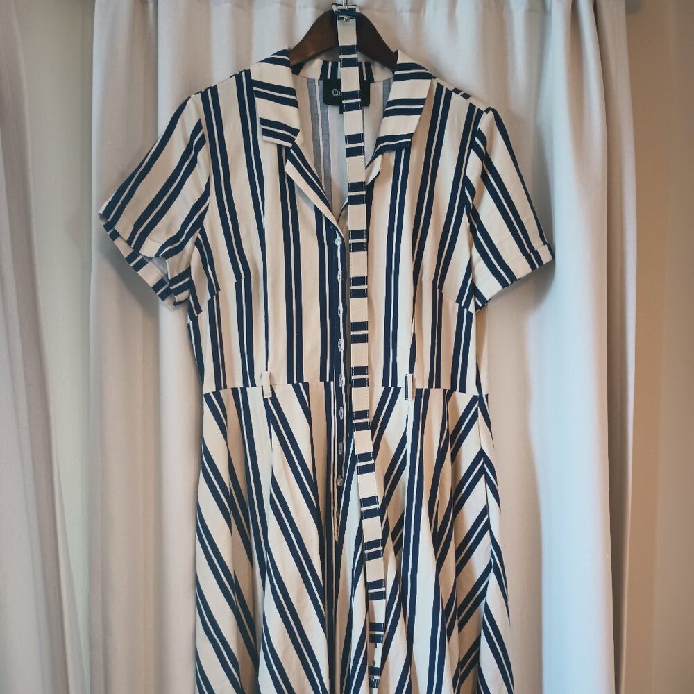 Collectif Caterina swing dress nautical navy/ivory stripe size UK 18